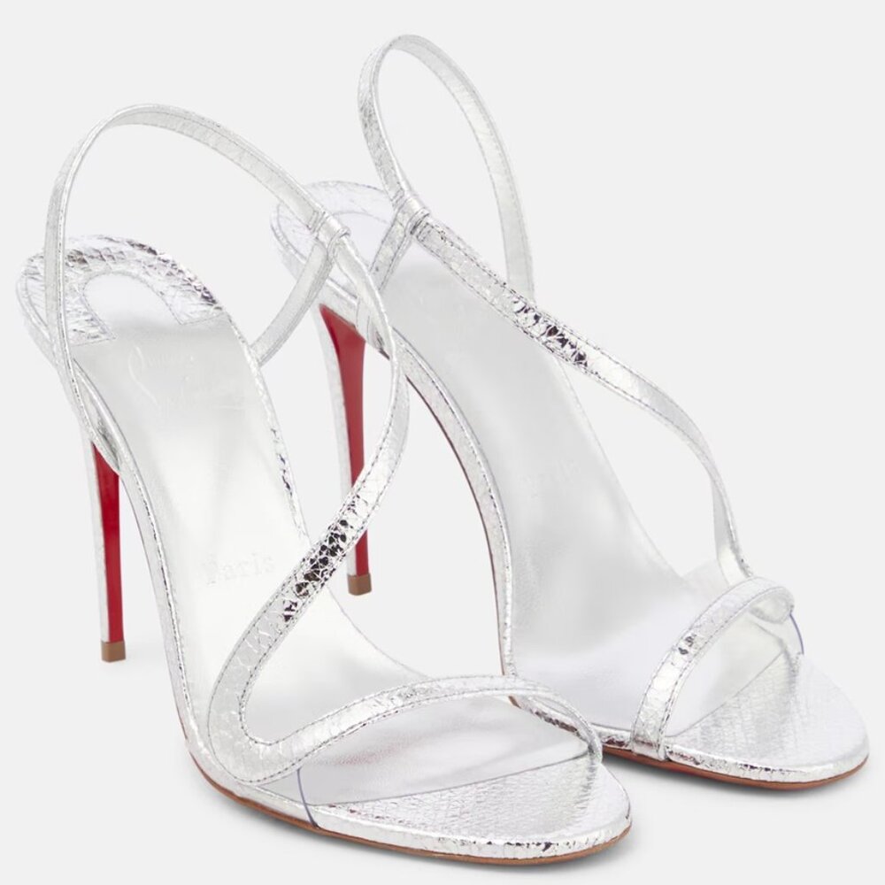 Christian Louboutin Rosalie 100 Silver metallic leather slingback Sandal New